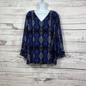 Calvin Klein Blue Snake Print V Neck Long Sleeve Blouse